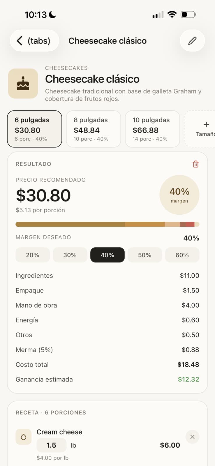 Detalle de costeo del cheesecake: tres tamaños, precio sugerido, margen 40% y desglose de ingredientes