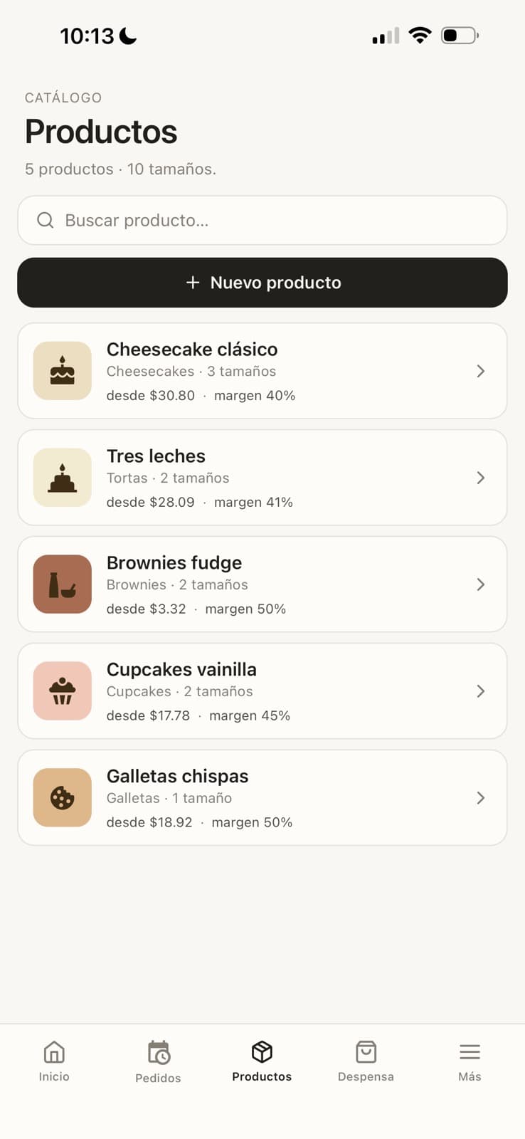 Catálogo de productos con tamaños, precios desde y margen por producto